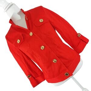 JONES NEW YORK! RICH RED STRETCH, GOLD BUTTON JEAN JACKET STYLE BLAZER! SZ S